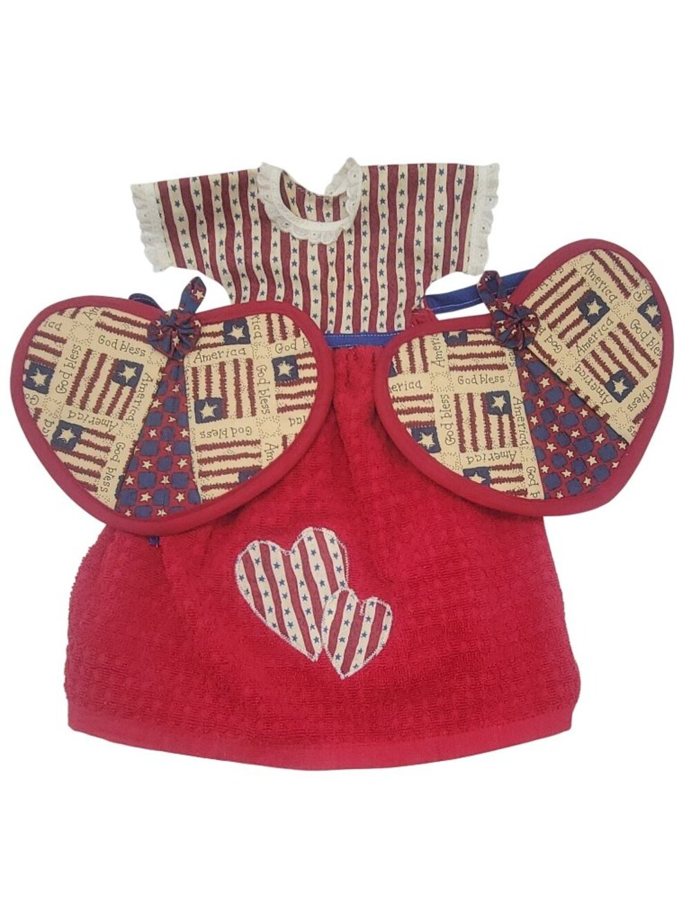 Americana Kitchen Towel & Heart-Shaped Pot Holders Set Patriotic Stars & Stripes